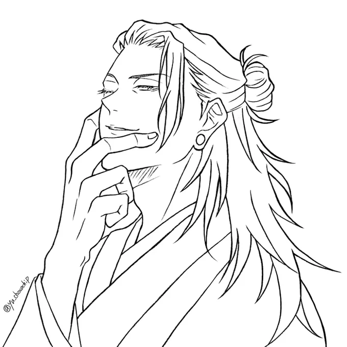 りひめさんが線画書いて満足してしまったお蔵入りしてた夏油様を着色してくれるのでバチバチに楽しみ〜🫶✨  色塗り嫌いな猿でごめんなさい…🐒