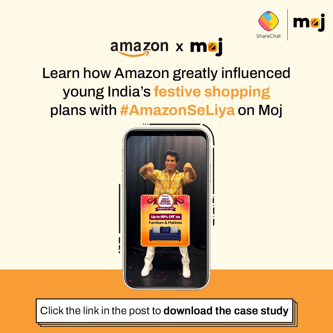 #FestiveMarketing: @amazonIN tapped into Moj's robust creator network to increase consideration for the Amazon Great Indian Festival. To learn more about the strategy behind #AmazonSeLiya, download the case study now.
ads.sharechat.com/success-storie…