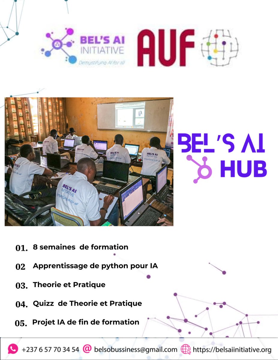 L'Agence Universitaire de la Francophonie (AUF) et BEL'S AI Initiative organisent des sessions de formation sur l'Intelligence Artificielle (IA).
forms.office.com/e/YL5rKfDiW6
#AIforGood
#AIforHumanity
#AIforAll
#DemystifyingAIForAll
#belsaiInitiative
#AIinCameroon