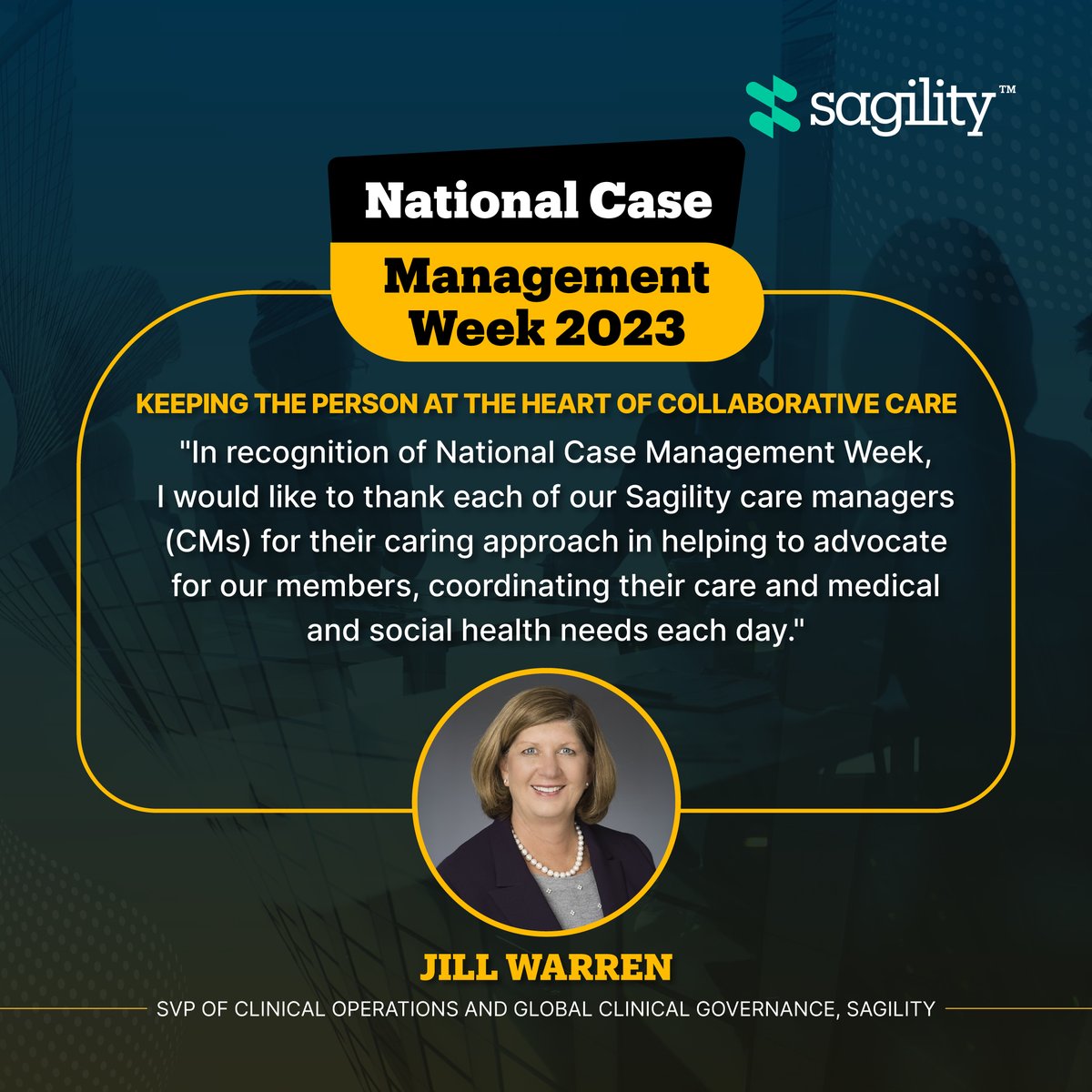 SagilityHealth's tweet photo. In honor of #NationalCaseManagementWeek this October, Jill expresses her profound gratitude towards the dedicated team of Sagility Care Managers (CMs).
This year's theme is "Keeping the Person at the Heart of Collaborative Care".
#Sagility #SagilityUSA #USA https://t.co/2wUGeDnos7