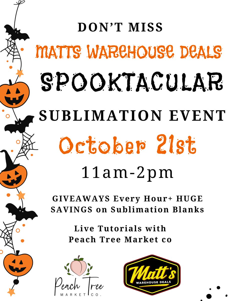 MattsWHD's tweet photo. 🎃 You're Invited to a Spooktacular Halloween Sublimation Event! 🎃
📅 Date: October 21, 2023
🕖 Time: 11AM to 2PM
🏡 Location: 695 Red Oak Rd Stockbridge, GA 30281

https://t.co/e8gyjNecY1

#sublimation #Halloween #MattsWarehouseDeals #peachtreemarket #atlanta #stockbridgega https://t.co/hLKZ7s1Xbt