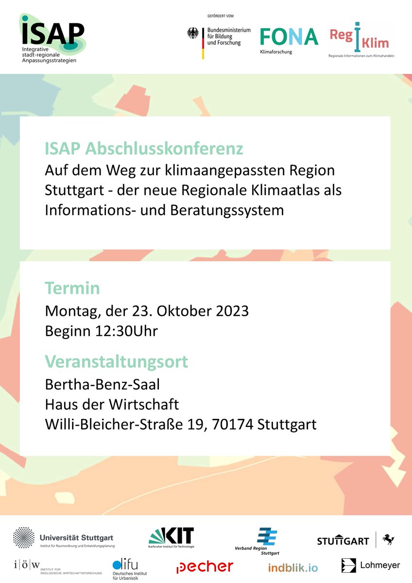 Ireus_Uni_Stgt's tweet photo. 🌎🌎 Auf dem Weg zur klimaangepassten Region Stuttgart – der regionale Klimaatlas als
Online-Tool, Abschluss des #bmbf ISAP-Projekts am 23.10.2023 #Klimaanpassung, Hier geht es zur Anmeldung: 👉 https://t.co/vOXevuLR9i, @BMBF_Bund, @Uni_Stuttgart, @RegIKlim https://t.co/3S0Ups9Po3