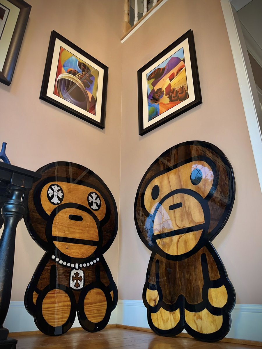 Hiyahhhhh👋🏽, these Bape tables/flat wooden statues are now available for purchase. Handmade w/love by me. Custom request  are also available. Pls email arthausestudios1@gmail.com for inquiries. 
-Peace and Blessings, Love the Art Haüse🩵🫶🏽 #blackartist #woodworking #wood