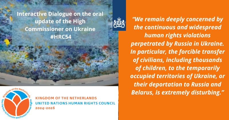 NLinGeneva's tweet photo. At #HRC54 we called on #Russia:
🔹to immediately put an end to the deportation of Ukrainian children
🔹to ensure that these children can return home to #Ukraine
🔹to grant full access to @UN_HumanRights to ensure monitoring &amp; accountability