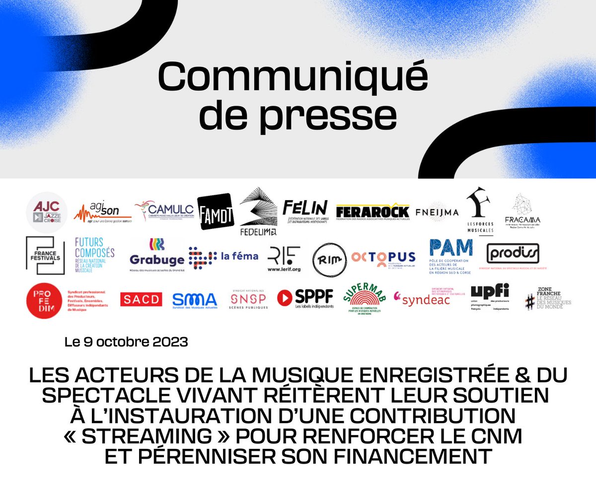📢 COMMUNIQUÉ : Les acteurs de la musique enregistrée &amp; du spectacle vivant réitèrent leur soutien à l'instauration d'une contribution "streaming" pour renforcer le <a href="/le_CNM/">Centre national de la musique</a> et pérenniser son financement
Lire le CP👉 sma-syndicat.org/communique-con…