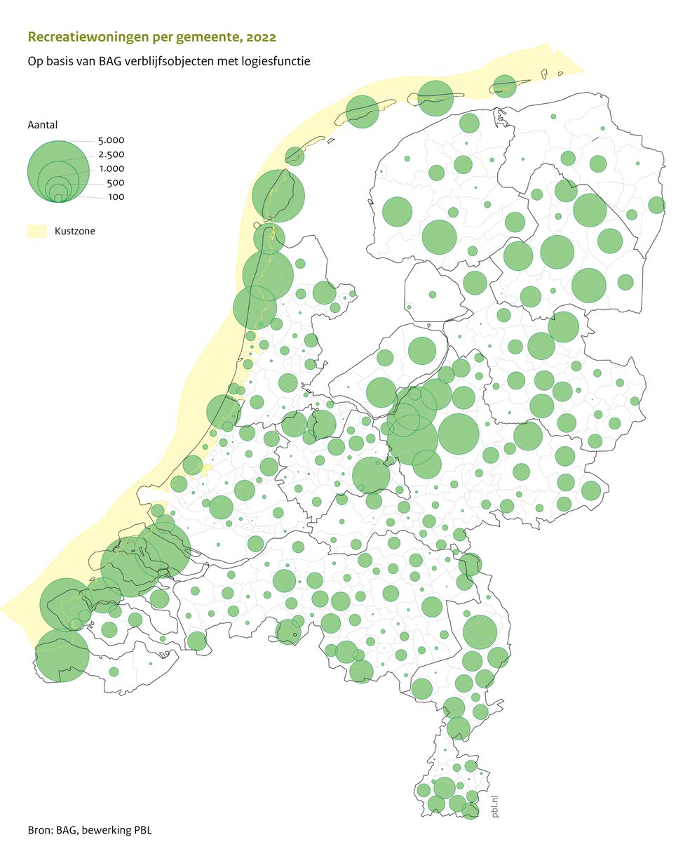 De kustgemeenten en gemeenten op de Veluwe, in Drenthe, Midden-Brabant en Limburg kennen de meeste recreatiewoningen. #HetLandschapGeduid pbl.nl/nieuws/2023/pb…