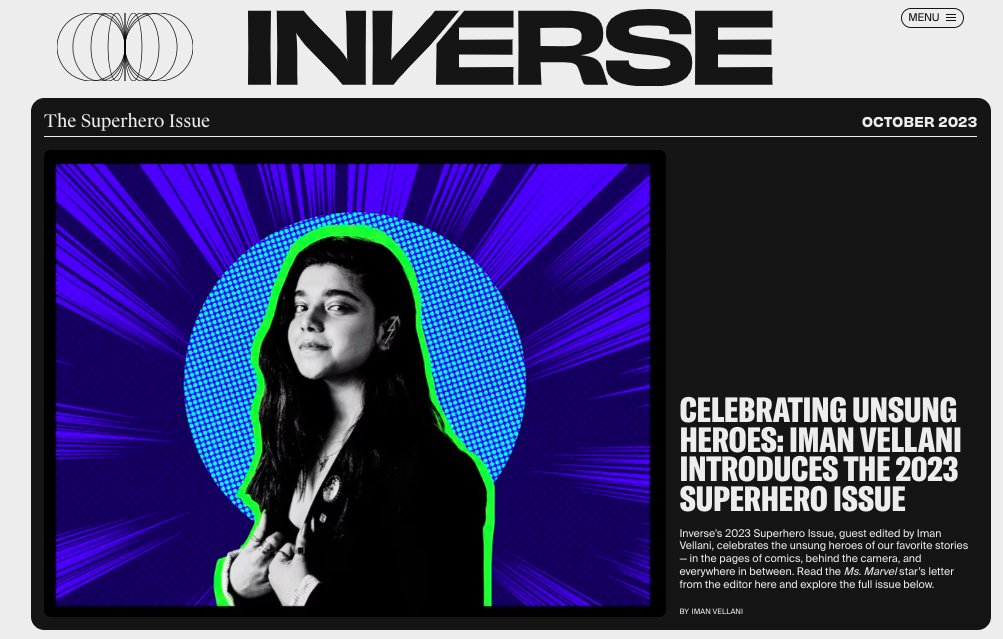 For my fourth (!) annual Inverse Superhero Issue, I teamed up with Iman Vellani (!!!) to be guest editor for a special package of stories all about 💫Unsung Heroes💫 Read the Ms. Marvel star's incredible editor's letter here: inverse.com/entertainment/…