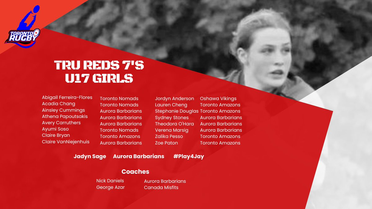 The TRU Reds U17 and U15 girls long-list for the fall sevens has been announced.

Sadly, the Aurora Barbarians lost a member of their rugby family last week, Jadyn Sage. So this fall we will #Play4Jay