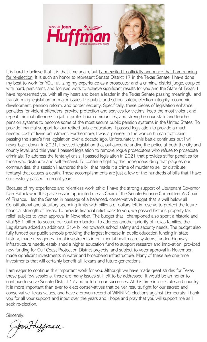 I am running for re-election to continue serving as the senator for Senate District 17. Read my announcement below! #txlege