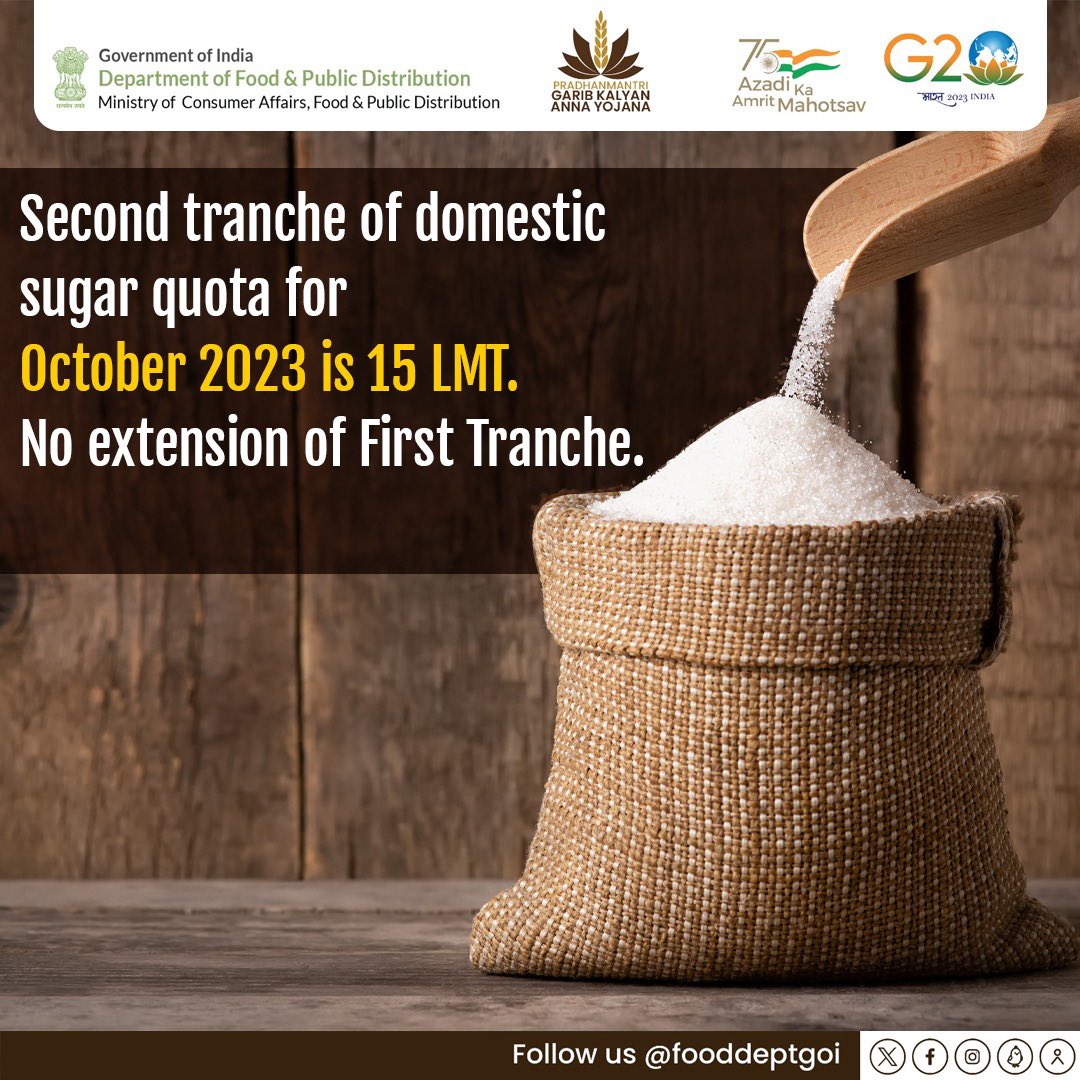 fooddeptgoi's tweet photo. Second tranche of domestic sugar quota for October 2023 of 15 LMT is released. No extension of First Tranche.

#Sugar https://t.co/adtoxPra7g