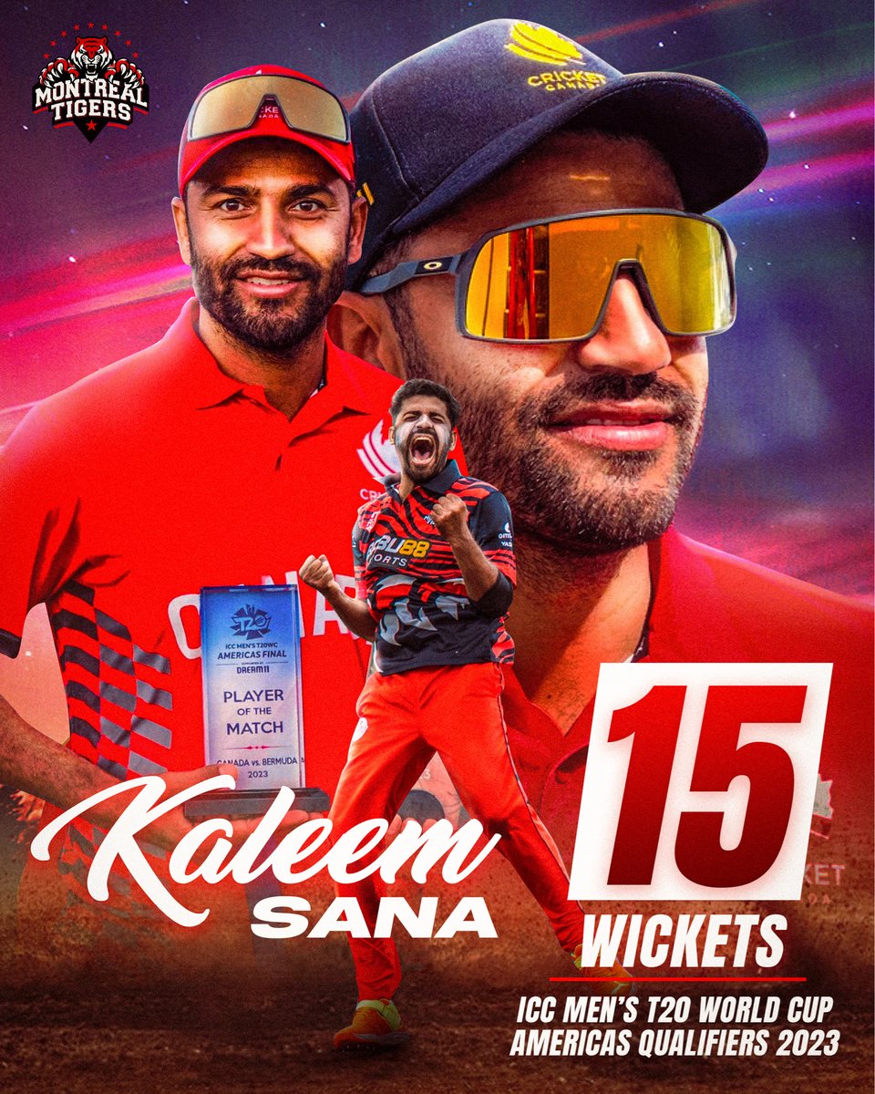 🏏 Kaleem Sana's brilliance shines in the ICC T20 World Cup Qualifier. Crowned the best bowler of the tournament, he mesmerized with a total of 1️⃣5️⃣ wickets. A true bowling maestro! 🌟👏

#montrealtigers #gt20canada #roarwithus #CricketSuperstar #KaleemSana #T20WorldCupQualifier