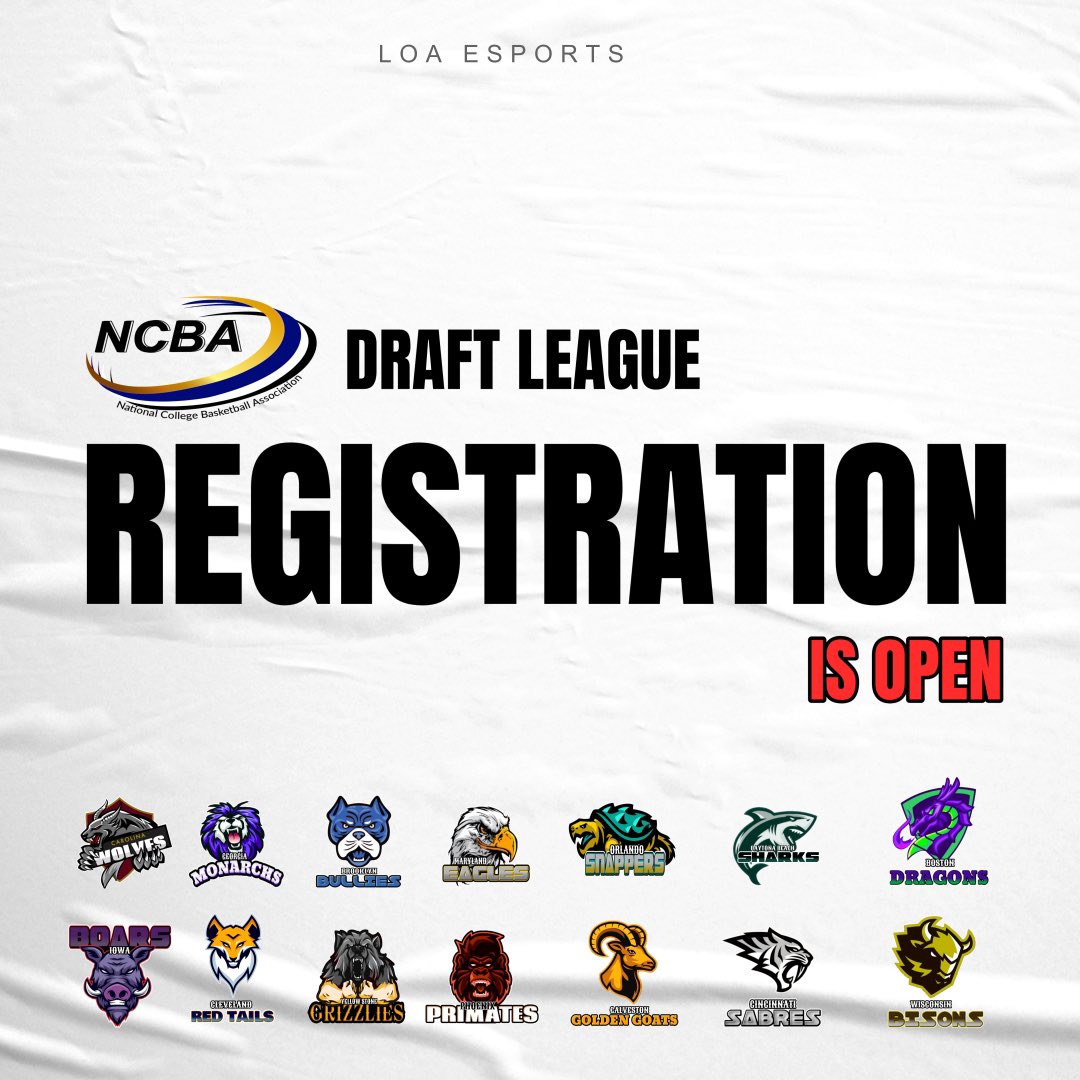 NCBA Draft league registration begins today. Join up, and get settled in. Workouts start Wednesday, OCT 11.

🟣Free to join

🟣Compete for cash prizes 

🟣Learn the game from reputable 2K coaches

🚫2KL Pros or Prospects 

Register via Discord⬇️
discord.gg/2ZFcHvuDta

“LOA