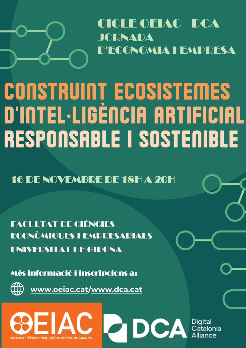 📢 El #cicleOEIAC continua "CONSTRUINT ECOSISTEMES D'INTEL·LIGÈNCIA ARTIFICIAL RESPONSABLE I SOSTENIBLE" amb una Jornada d'Economia i Empresa organitzada amb la <a href="/dca_cat/">Digital Catalonia Alliance (DCA)</a> 

No t'ho perdis❗️

🗓️ 16/11 a les 18h
📌 maps.app.goo.gl/4zmfENnmWkvnV8…
👇 INSCRIPCIONS 🆓
docs.google.com/forms/d/e/1FAI…