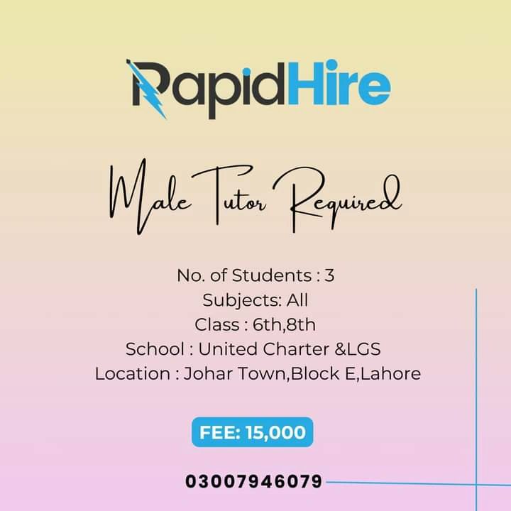 Are you a dedicated educator with a passion for teaching multiple subjects? Rapid Hire Company is on the hunt for a talented male tutor to support our valued client.
please get in touch with us at 03007946079.  📖✨
 #RapidHire #RapidHireishiring #hiringnow #femaletutorvacancy