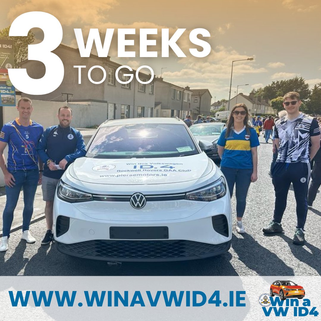 WinAVWID4's tweet photo. Time is flying by... there are now just 𝟯 𝘄𝗲𝗲𝗸𝘀 left until one lucky person wins a brand new VW ID4 🤩

To be in with a chance of winning Ireland's best selling EV, all you need to do is buy a ticket for our @RockwellRovers #WinAVWID4 fundraiser 🎫➡ https://t.co/7qOydneCna https://t.co/RB06JvsAZb