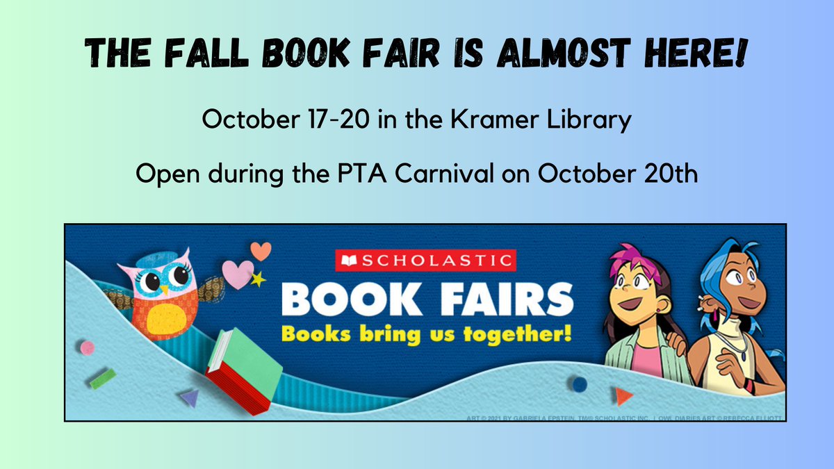 KramerDISD's tweet photo. Colts, it is almost time for the Fall Book Fair!  We can't wait to see what is available after this week's fall break. The @Scholastic Book Fair opens on Oct 17 and runs through the week. It will even be opened during the @kramerpta Carnival. See you there! https://t.co/jpioMEork3