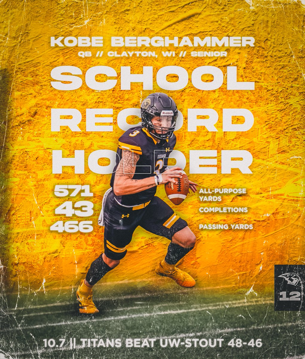 𝙍𝙚𝙘𝙤𝙧𝙙𝙨 𝙖𝙧𝙚 𝙢𝙚𝙖𝙣𝙩 𝙩𝙤 𝙗𝙚 𝙗𝙧𝙤𝙠𝙚𝙣 ⚡️

On Saturday, Kobe Berghammer set the <a href="/UWOFootball/">UW-Oshkosh Football</a> record for single-game all-purpose yards, completions, and passing yards. 

He now 𝗹𝗲𝗮𝗱𝘀 <a href="/wiacsports/">WIAC</a> in completions, yards, and touchdowns.

#OwnTheMoment | 𝟭𝟮