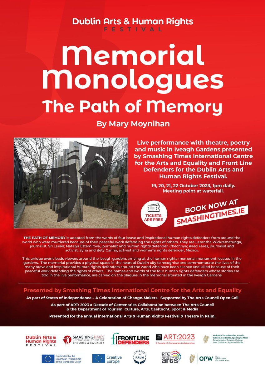 Smashing Times (@smashing_times) on Twitter photo Memorial Monologues – The Path of Memory. Live performance with theatre, poetry and music in Iveagh Gardens presented by #SmashingTimes & <a href="/FrontLineHRD/">Front Line Defenders</a> for the Dublin Arts & Human Rights Festival. More info: smashingtimes.ie/event/memorial… Memorial Monologues – The Path of Memory. Live performance with theatre, poetry and music in Iveagh Gardens presented by #SmashingTimes & <a href="/FrontLineHRD/">Front Line Defenders</a> for the Dublin Arts & Human Rights Festival. More info: smashingtimes.ie/event/memorial…