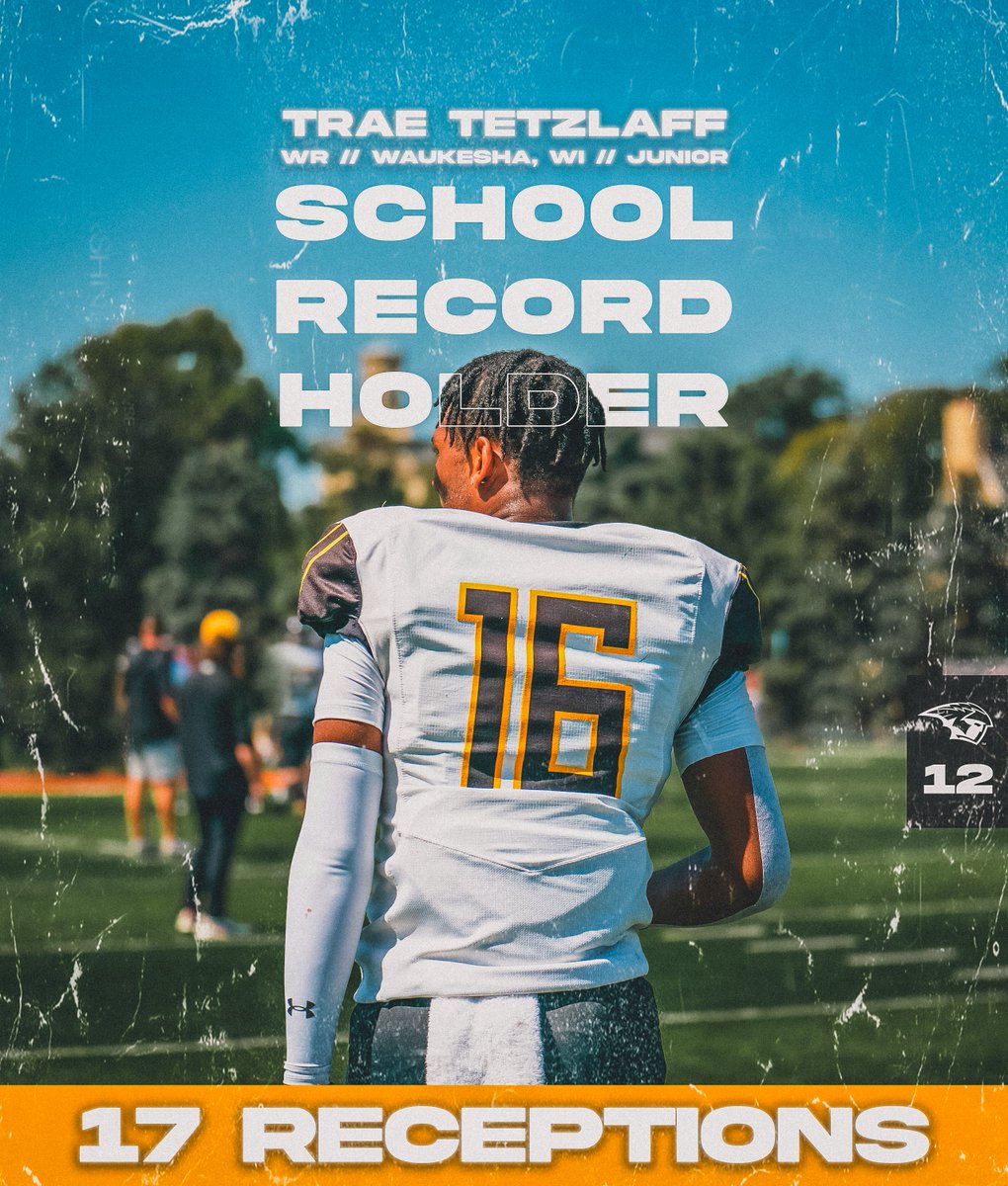 ⚡️𝗕𝗶𝗴 𝗣𝗹𝗮𝘆 𝗧𝗿𝗮𝗲⚡️

𝗧𝗿𝗮𝗲 𝗧𝗲𝘁𝘇𝗹𝗮𝗳𝗳 set a school record with 17 catches in our win against UW-Stout this past weekend! He now leads <a href="/wiacsports/">WIAC</a> in receptions with 𝟯𝟱.

#TitanUp | 𝟭𝟮