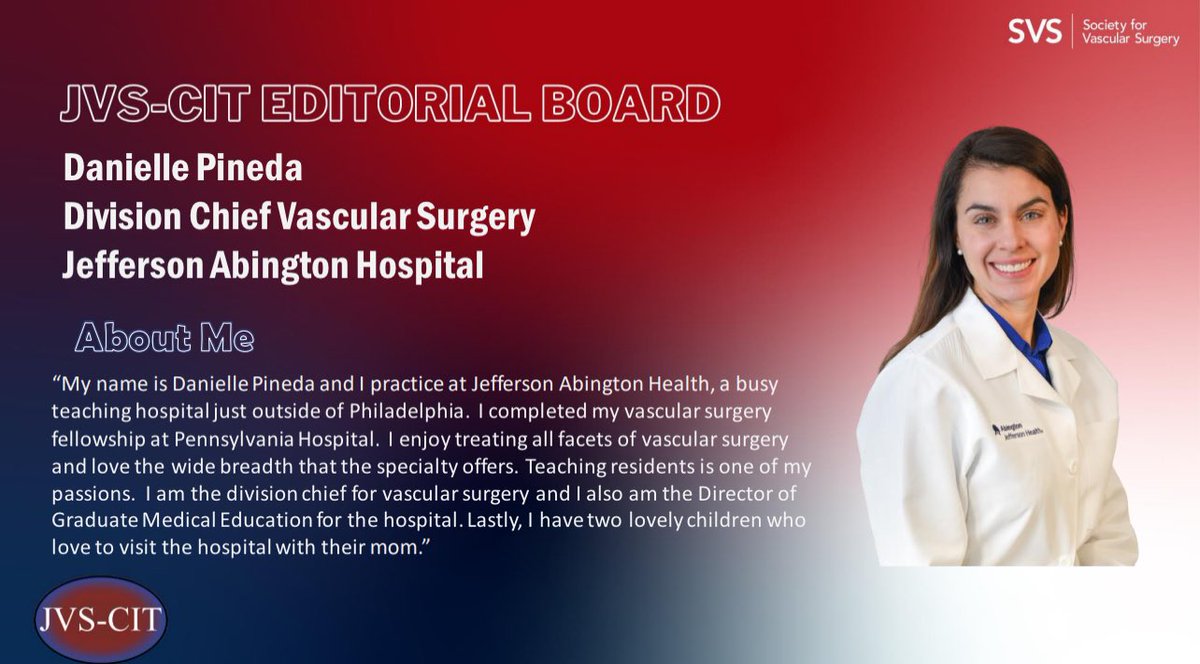 JVS-Cases Innovations and Techniques (@jvascsurgcit) on Twitter photo A warm welcome to <a href="/VascSurgPineda/">Danielle Pineda</a> <a href="/JeffersonVSIG/">Jefferson Vascular Surgery Interest Group</a> <a href="/JeffHealthAb/">Jefferson Health - Abington</a> to our Editorial Board! #MTBM #ilooklikeasurgon A warm welcome to <a href="/VascSurgPineda/">Danielle Pineda</a> <a href="/JeffersonVSIG/">Jefferson Vascular Surgery Interest Group</a> <a href="/JeffHealthAb/">Jefferson Health - Abington</a> to our Editorial Board! #MTBM #ilooklikeasurgon