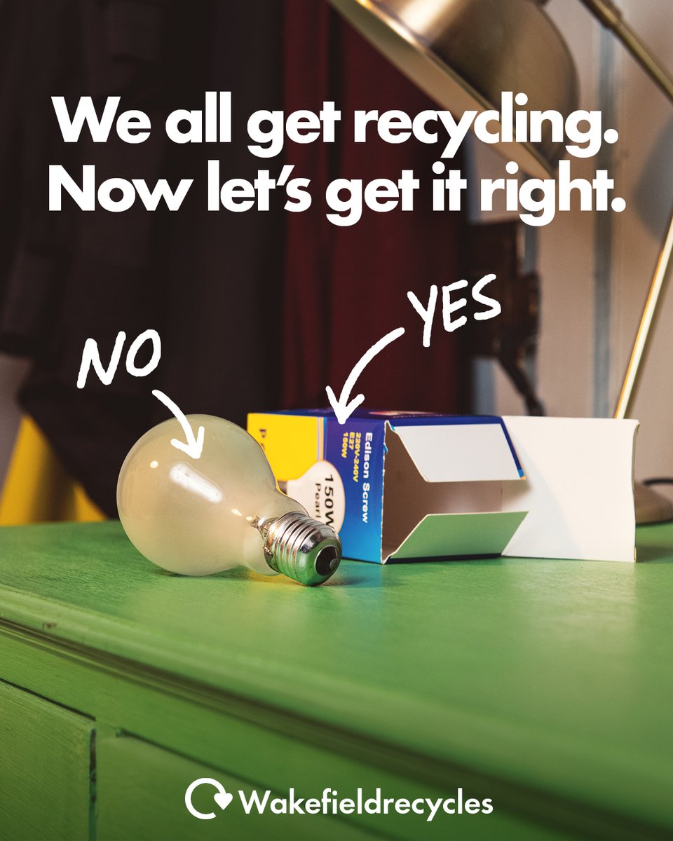 MyWakefield's tweet photo. Switch on to what you can  recycle. 

Cardboard should go in your brown recycling bin. Light bulbs should be taken to your local Household Waste Recycling Centre. 

Let’s recycle better together. Check what goes in which bin 👉 https://t.co/7SKSOgdr0G

#WakefieldRecycles https://t.co/TNM3jip7g2