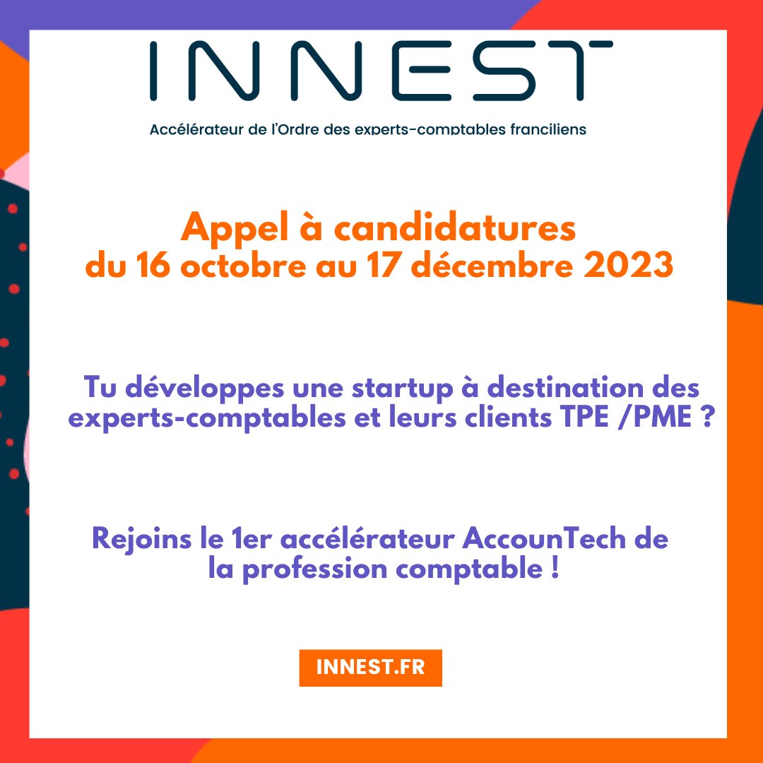 [J-7] L'appel à candidatures pour la 5e promo arrive bientôt !

 Si ta solution vise les experts-comptables et les TPE-PME, tu ne veux pas laisser passer cette opportunité ! 

Innest lance son appel à candidatures le 16 octobre 2023

👉Plus d'infos sur : innest.fr/candidater/