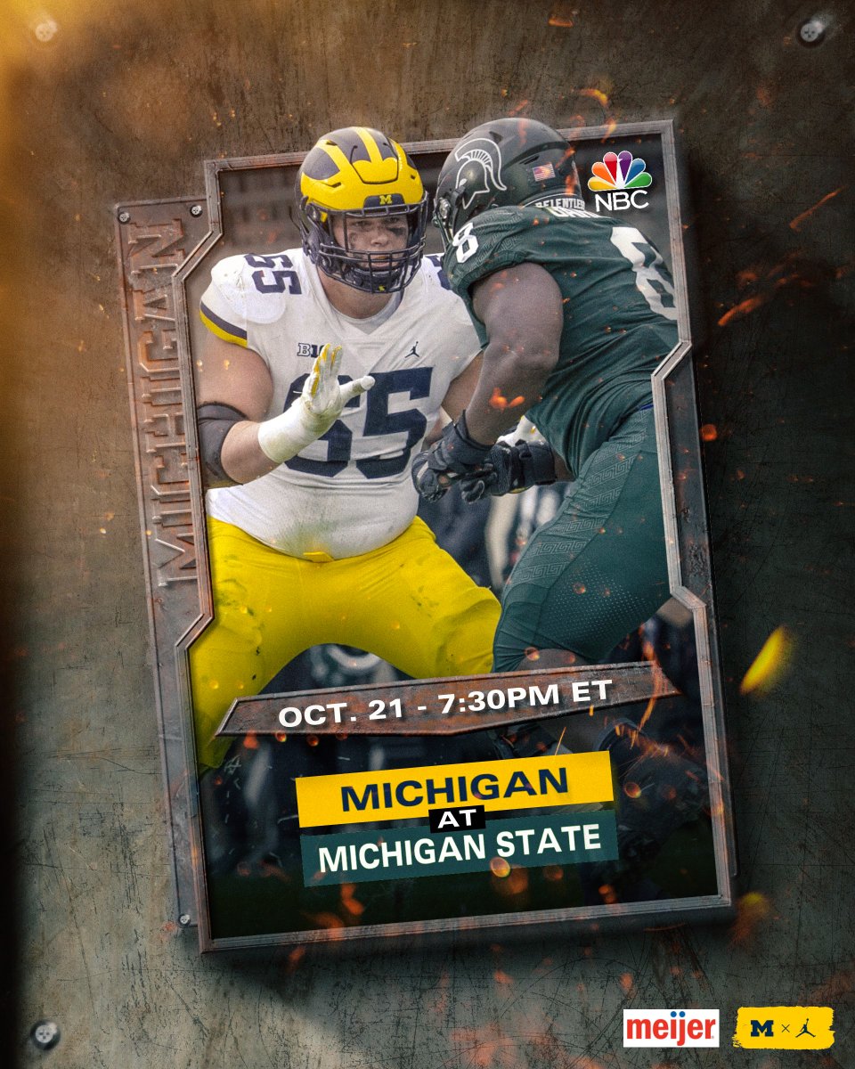 UMichFootball's tweet photo. Game Time Announcement

We'll kick off at 7:30 in East Lansing on Oct. 21

#GoBlue