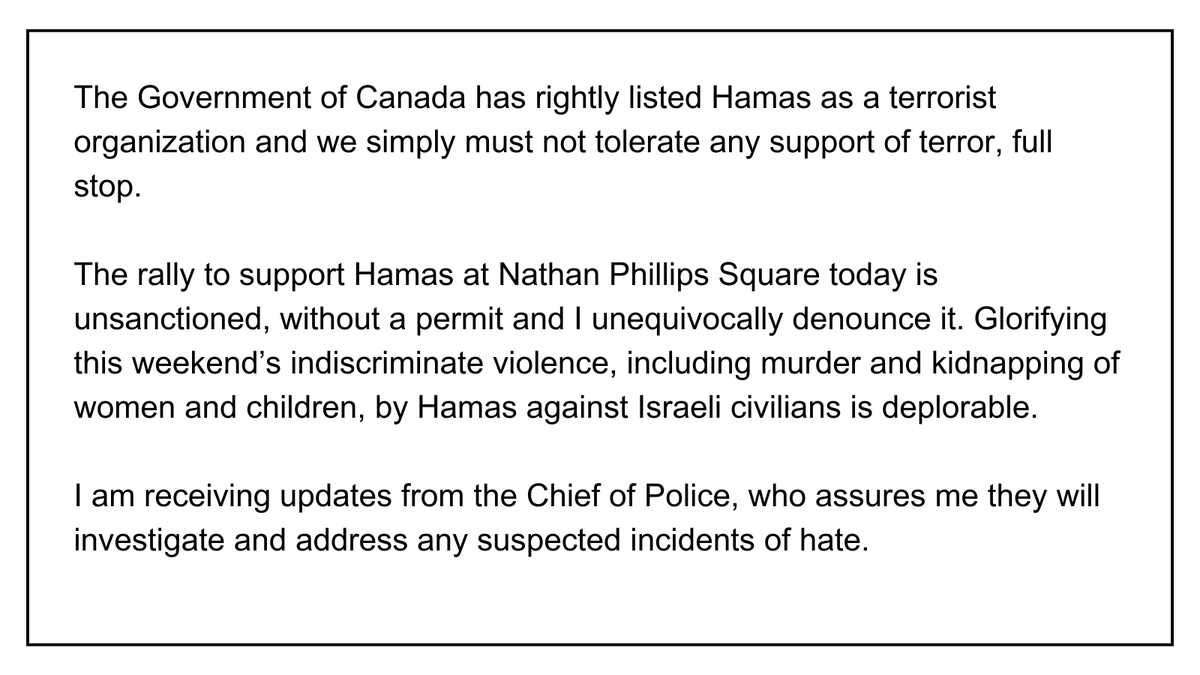 I'm aware of the unsanctioned rally at Nathan Phillips Square today. My statement below: