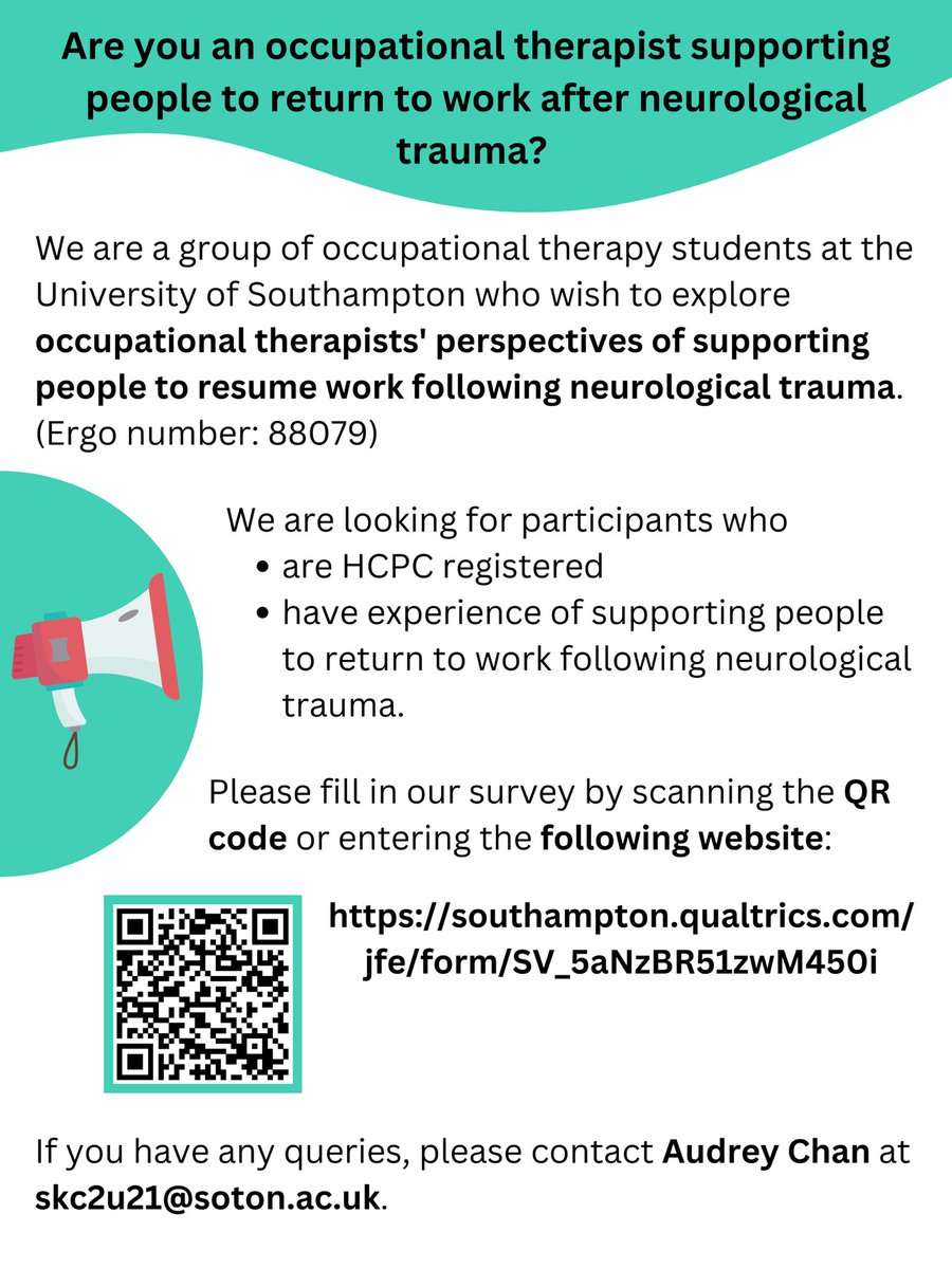 Lianne (she/her) (@lianneotstudent) on Twitter photo 📢Calling all UK-based OTs that support people to return-to-work following a neurological trauma📢
Please complete and share our survey to support our final year research project!
southampton.qualtrics.com/jfe/form/SV_5a…
<a href="/lezeki/">Leisle Ezekiel</a> <a href="/TherapyUos/">UoS Occupational Therapy</a> <a href="/theRCOT/">Royal College of Occupational Therapists</a> <a href="/RCOT_NP/">RCOT Neuro Practice</a> <a href="/rcot_ssip/">RCOT Independent Practice</a> @CPD_RCOT <a href="/RCOT_Work/">RCOTSSWork</a> 📢Calling all UK-based OTs that support people to return-to-work following a neurological trauma📢
Please complete and share our survey to support our final year research project!
southampton.qualtrics.com/jfe/form/SV_5a…
<a href="/lezeki/">Leisle Ezekiel</a> <a href="/TherapyUos/">UoS Occupational Therapy</a> <a href="/theRCOT/">Royal College of Occupational Therapists</a> <a href="/RCOT_NP/">RCOT Neuro Practice</a> <a href="/rcot_ssip/">RCOT Independent Practice</a> @CPD_RCOT <a href="/RCOT_Work/">RCOTSSWork</a>