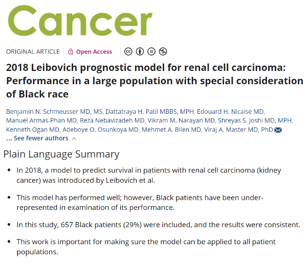 In a new study, <a href="/b_schmeusser/">Benjamin Schmeusser</a> and colleagues validate the 2018 Leibovich prognostic model for #RenalCellCarcinoma in a cohort w/ 657 (29%) Black patients, a previously underexamined population.

acsjournals.onlinelibrary.wiley.com/doi/10.1002/cn…

<a href="/OncoAlert/">OncoAlert</a> <a href="/EdouardNicaise/">Edouard Nicaise, MD</a> #uroonc