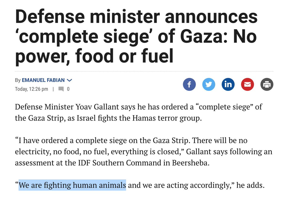 hta_099's tweet photo. I går klikket folk over at sivile i Israel ble offer for terrorgruppen Hamas. I dag er de samme tause om at Israel kutter strøm, mat og vann til alle sivile på Gazastripen. Forsvarsministeren i Israel dehumaniserer sivile palestinere med å kalle de for dyr. Hvor er reaksjonene? https://t.co/GWdHNFQSQk