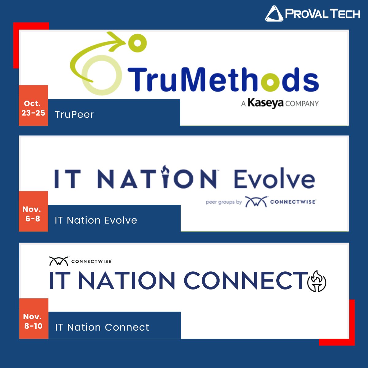 provaltech's tweet image. As the year is coming closer to the end, event season is still in full swing! We&apos;re thrilled to announce our participation in three more exciting upcoming events. If you&apos;re planning to attend any of these, please give us a shout! 

#provaltech #msp #mspevent #ConnectWise #Kaseya