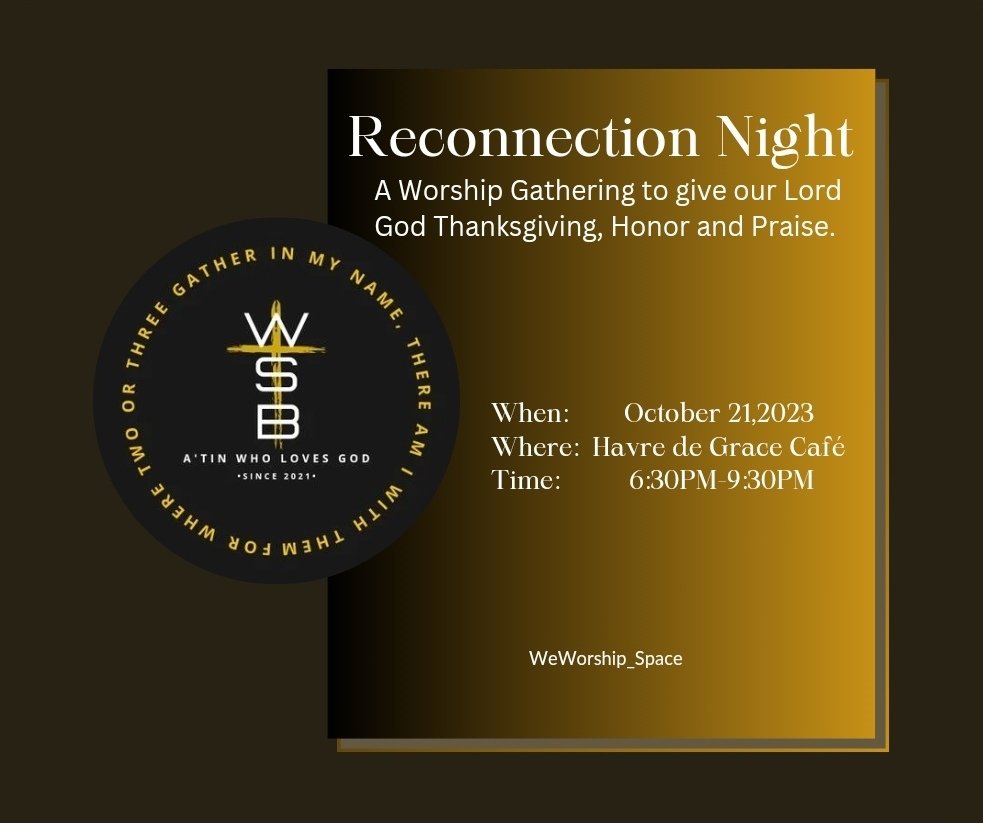 WeWorship_Space's tweet photo. Be part of night full of thanksgiving and praise. Come and join us! 

WSB RECONNECTION NIGHT

Registration form:https://t.co/ClBUaKbbh1…

📍 Havre de Grace Café 
📆 October 21, 2023
⏲️ 6:30PM-9:30PM

📌Check out our pinned post for more details.

#NightSpaceForJesus https://t.co/p6OLLn8ULf