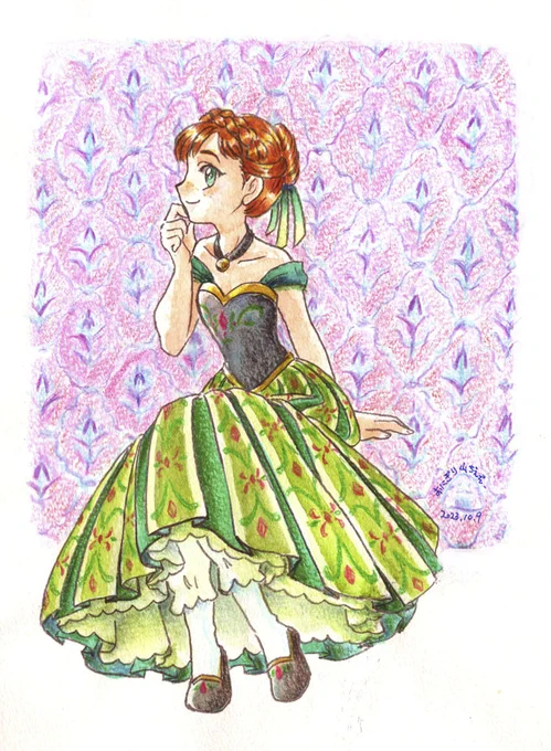 こないだ久しぶりにアナ雪を見たんですが、やっぱり戴冠式のドレスめっちゃ可愛いなーと思って描いてみたくなりました、という絵。どちらのドレスもですね、胸元のデザインがホラなんというかこう、ちょぴっとアジャンタっぽい気がしましてですね(何でも推しに繋げる病) 
