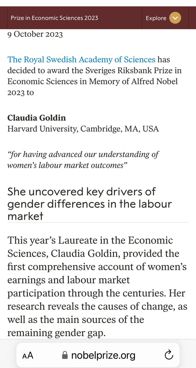 mitalinikore's tweet photo. The first woman to win the #NobelPrize in #Economics solo, without a male co-author!! #Pathbreaking! https://t.co/s7nsxMXlzt