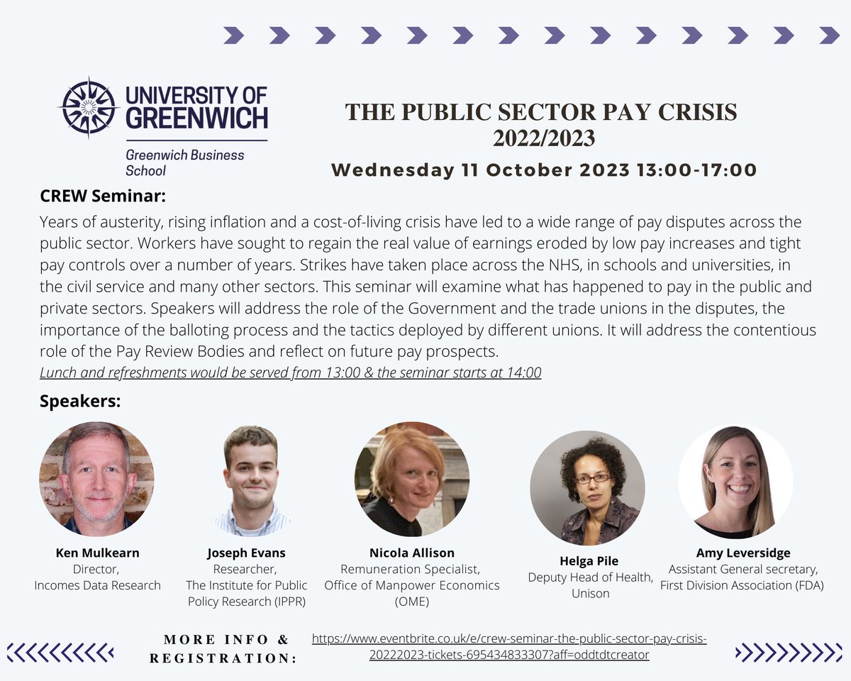 This seminar on Wednesday is held both in person & online. You can catch up with our panelists & @CREW_Greenwich members for a timely discussion about the UK public sector pay, strikes, inflation and the cost of living crisis. Lunch starts at 13:00 with presentations from 14:00