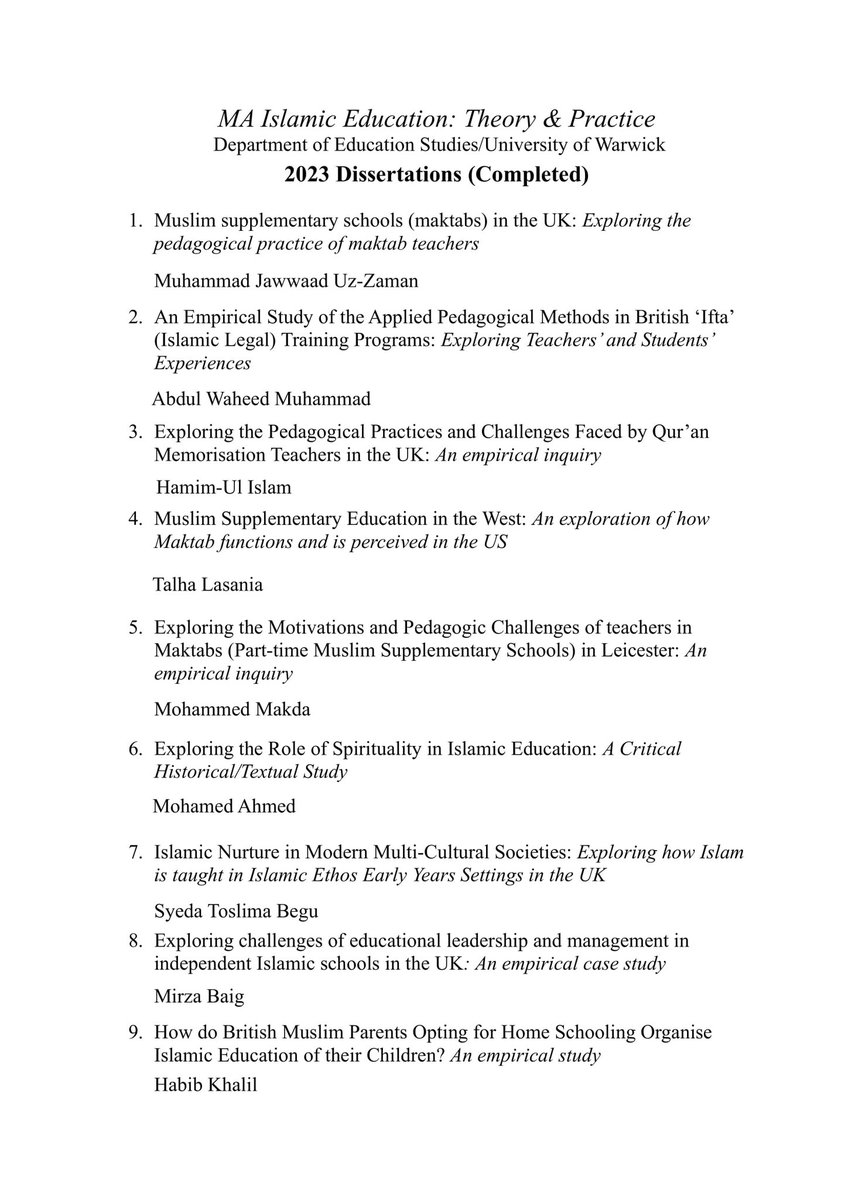 WarwickIESS's tweet photo. Wonderful to see students on MA Islamic Ed @Warwick_Edu complete their dissertations. Most were UK Dar alUluum graduates who developed competence for pedagogical analysis&amp; empirical research achieving the main goal of the course: becoming  research-based reflective practitioners! https://t.co/uLPCdV7XHI