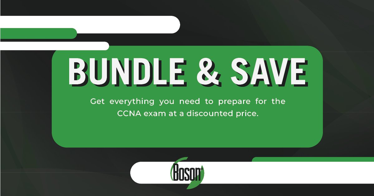 BosonSoftware's tweet photo. Get the most for your money. NetSim, ExSim-Max, Courseware, and Video Training are all available in bundled kits.

Learn More 👉 https://t.co/qEut3UUxuZ

#cisco #ccna #boson #netsim https://t.co/waHB6o2QEg