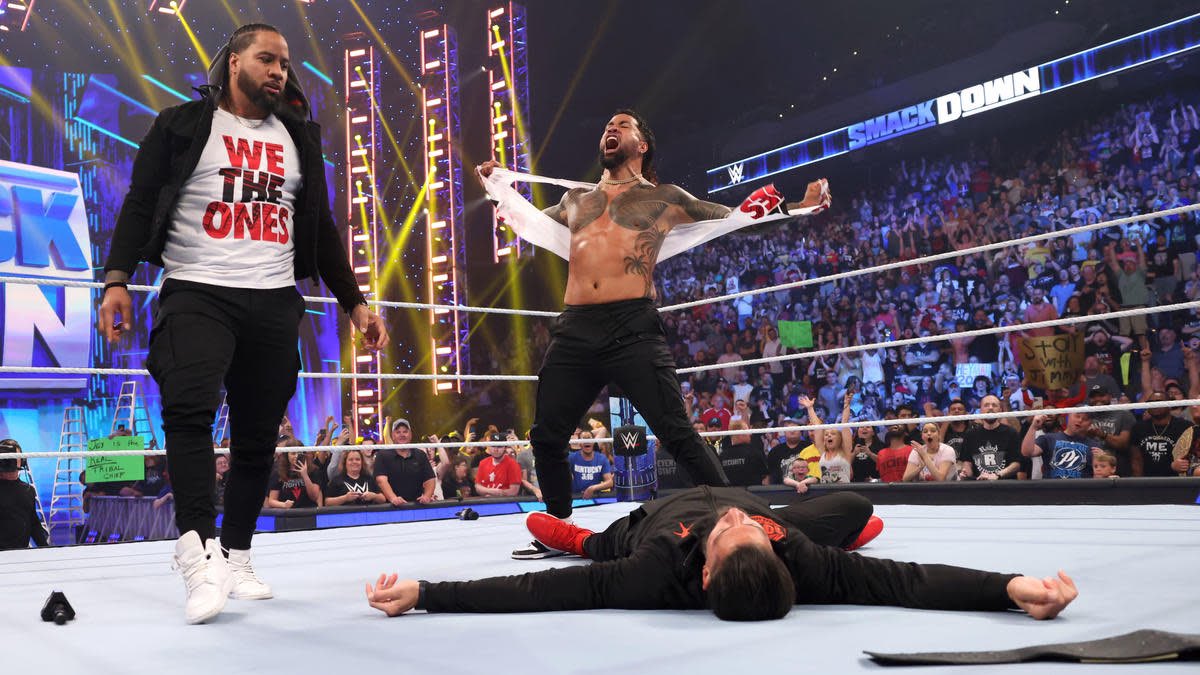 WrestleOps's tweet photo. WWE have ranked the top-10 greatest moments in the history of #SmackDown:

1) Jey Uso superkicking Roman Reigns and declaring he was out The Bloodline.
2) John Cena’s debut by answering Kurt Angle’s open challenge.
3) SmackDown debuts on FOX.
4) Charlotte Flair returns as a surprise and wins the Women's Championship from Ronda Rousey.
5) Big Show vs Brock Lesnar with the ring imploding.
6) The pilot episode of SmackDown.
7) Rey Mysterio finally decks his son Dominik.
8) Booker T vs Steve Austin in the Grocery Store Brawl.
9) The Kofi Kingston run to the WWE Championship at Wrestlemania 35. 
10) The reunion of Kevin Owens and Sami Zayn.