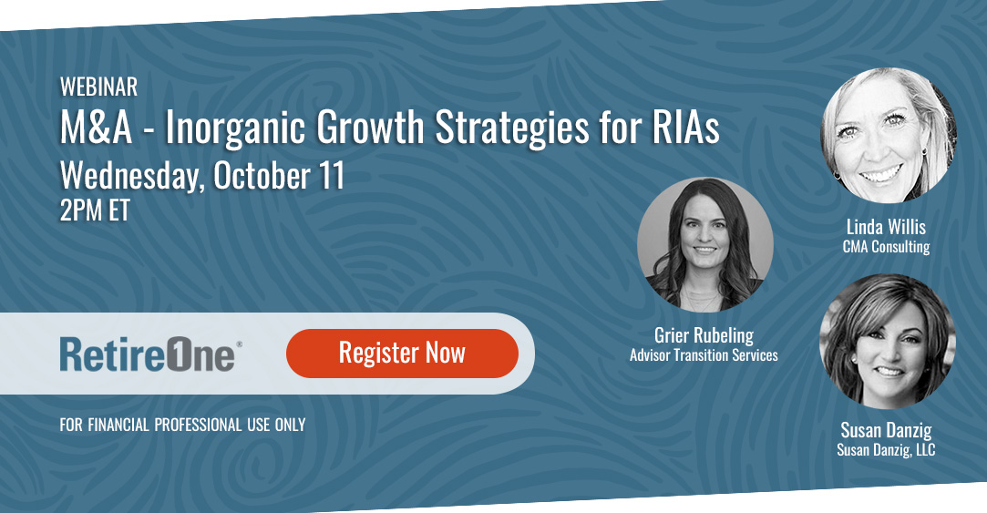 There's still time to register! Join Linda Willis of CMA Consulting, business development expert Susan Danzig and advisor transition expert Grier Rubeling to learn how to plan for, and execute your inorganic growth goals.

Register now: edu.retireone.com/MAInorganicGro…

#webinar #growth