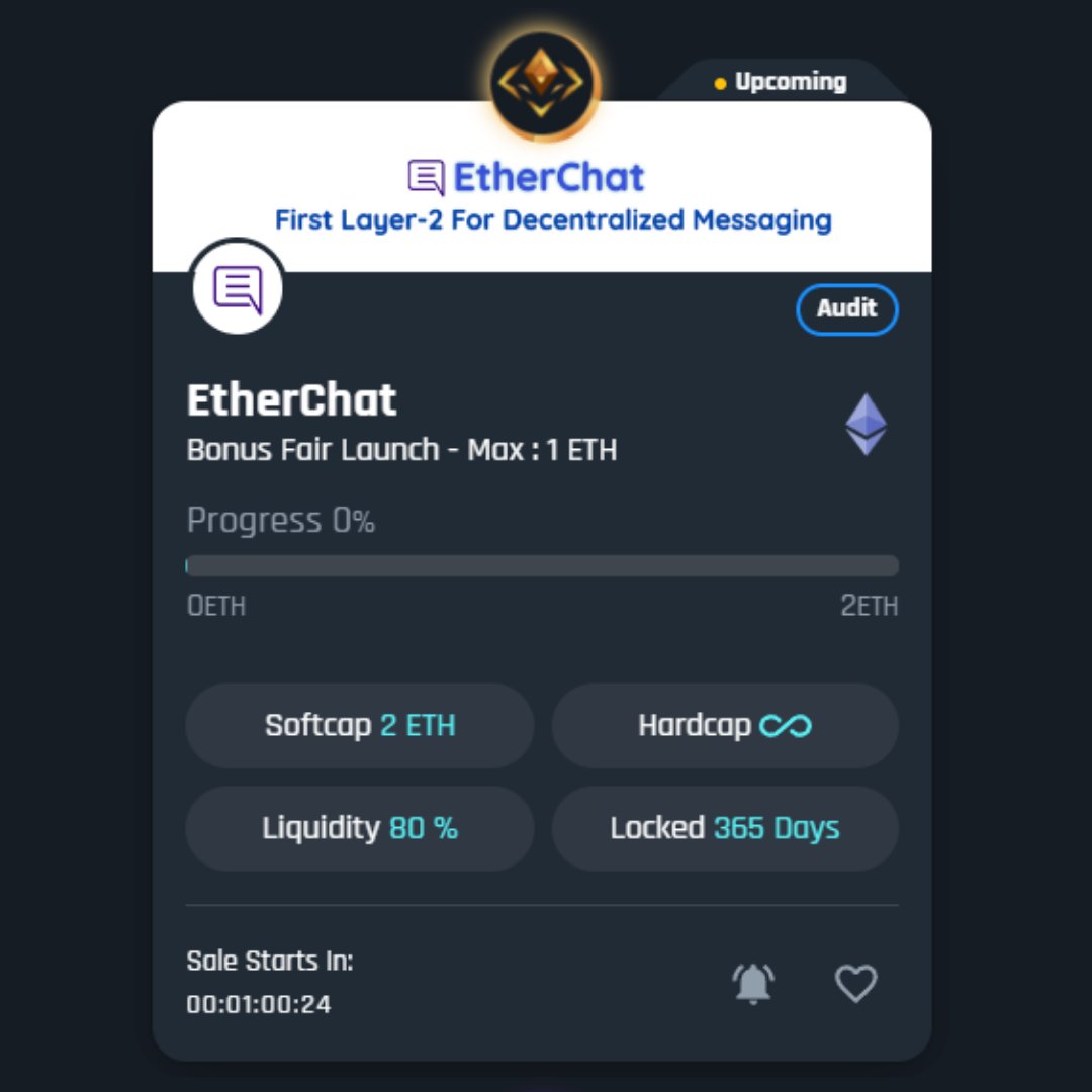 gempad_app's tweet photo. The fair launch for @EtherChatApp is starting soon! 🔥

✅Fair launch link: https://t.co/pLjyVDXDIq

📱Check them out at: https://t.co/QPleQXzCAp

#ETH #Ethereum #Fairlaunch #DeFi #Web3 #Launchpad https://t.co/Ncc5antf8W