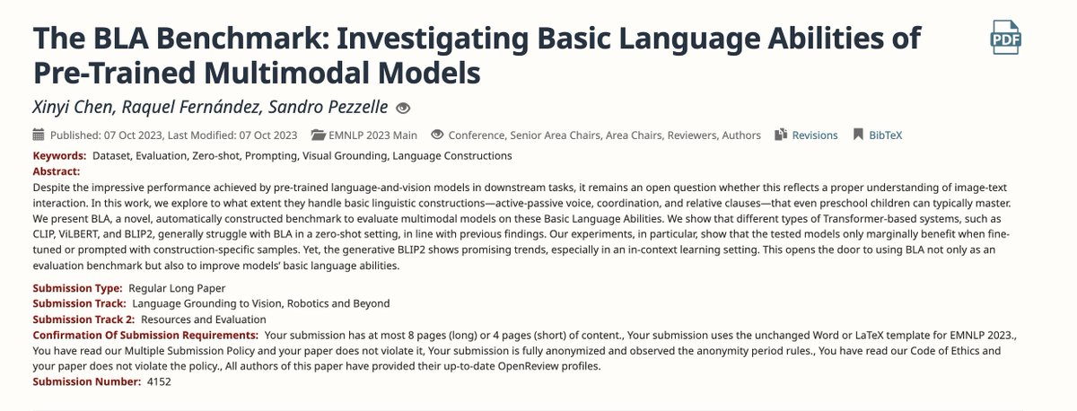 Xinyi Chen (@xchen2023) on Twitter photo 🎉 Exciting News! Our paper "The BLA Benchmark: Investigating Basic Language Abilities of Pre-Trained Multimodal Models" has been accepted at #EMNLP2023 Main Conference. Many thanks to my co-authors <a href="/sandropezzelle/">Sandro Pezzelle</a> and <a href="/raquel_dmg/">Raquel Fernández</a>.
#emnlp #NLP 🎉 Exciting News! Our paper "The BLA Benchmark: Investigating Basic Language Abilities of Pre-Trained Multimodal Models" has been accepted at #EMNLP2023 Main Conference. Many thanks to my co-authors <a href="/sandropezzelle/">Sandro Pezzelle</a> and <a href="/raquel_dmg/">Raquel Fernández</a>.
#emnlp #NLP