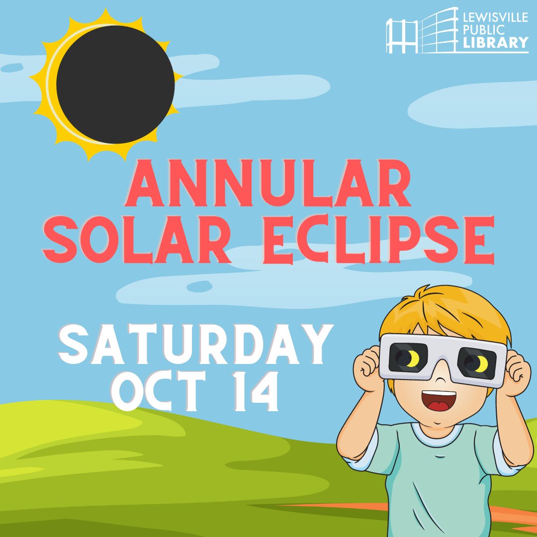Free official solar-viewing glasses available at the Library starting today. Limited supply. One per family. Make a pinhole viewer at The Hive, Friday 10/13 12-4 pm. More info at library.cityoflewisville.com/solareclipse. #solareclipse #eclipseovertexas #texas2clipse #lewisvilletx