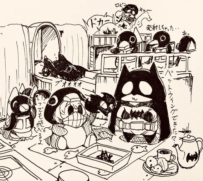 おつはちです🐧🚀1500人突破おめでとうございます(*'꒳`*)
配信しながら組み立てるの素直にすごい芸当だなと思います…これからもアメコミの楽しい動画と配信楽しみにしております

今回のイラストはダーリン(バットマン)に完成したバットウィング見せる、はちさんを見守るはちのこです! 