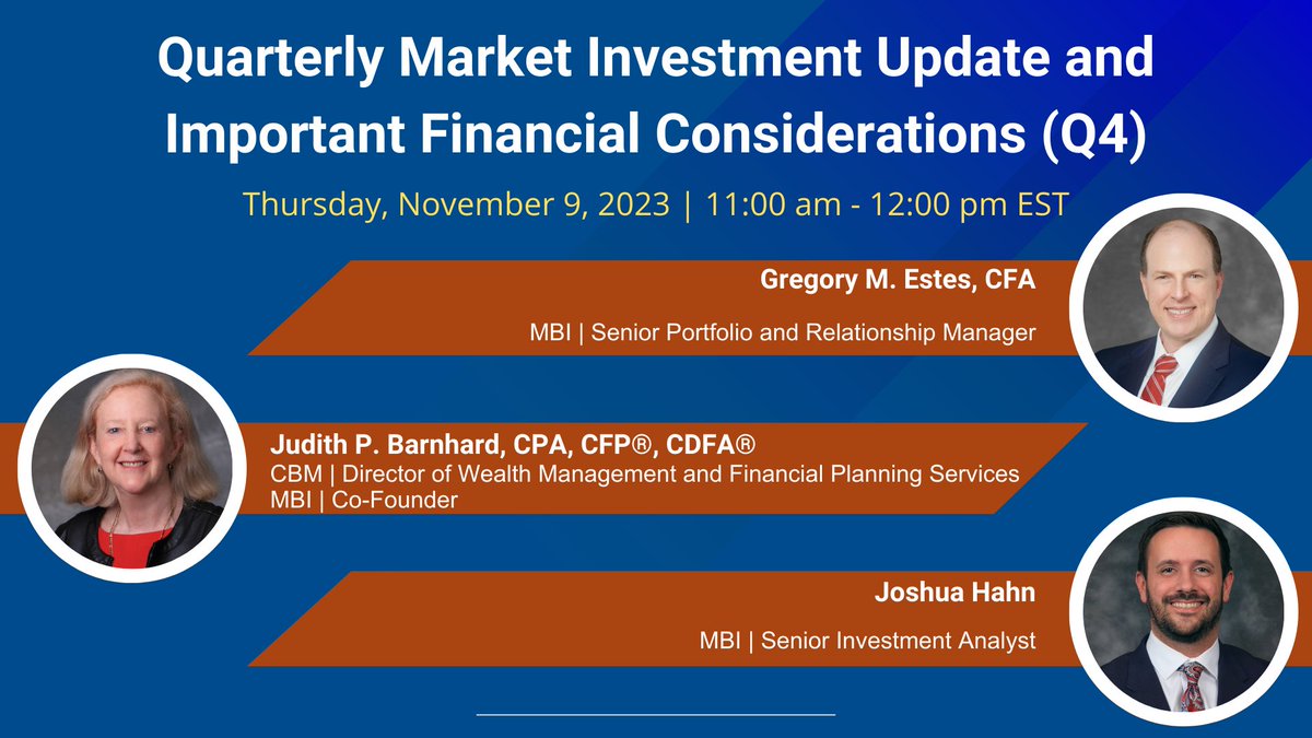 📢 Join us for a can't-miss webinar! 🌟 Judith Barnhard, Greg Estes, and Josh Hahn will present "Quarterly Market Investment Update and Important Financial Considerations (Q4)" on Thursday, November 9. 💼💡
