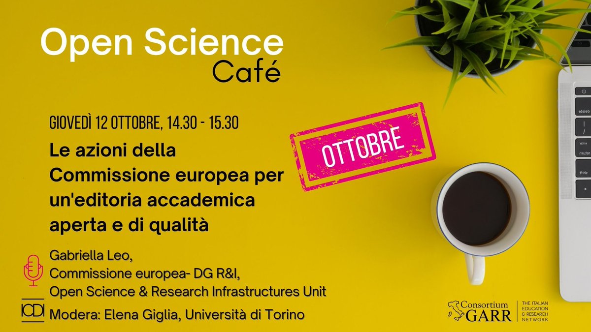 IcdiData's tweet image. Non perdere l&apos;#OpenScienceCafé del 12 ottobre! &apos;Le azioni della @EU_Commission per un&apos;editoria accademica aperta e di qualità&apos; e scopri di più su @OpenResearch_EU. Ne parleremo con Gabriella Leo e @egiglia. Iscriviti adesso 👉learning.garr.it #OpenAccess