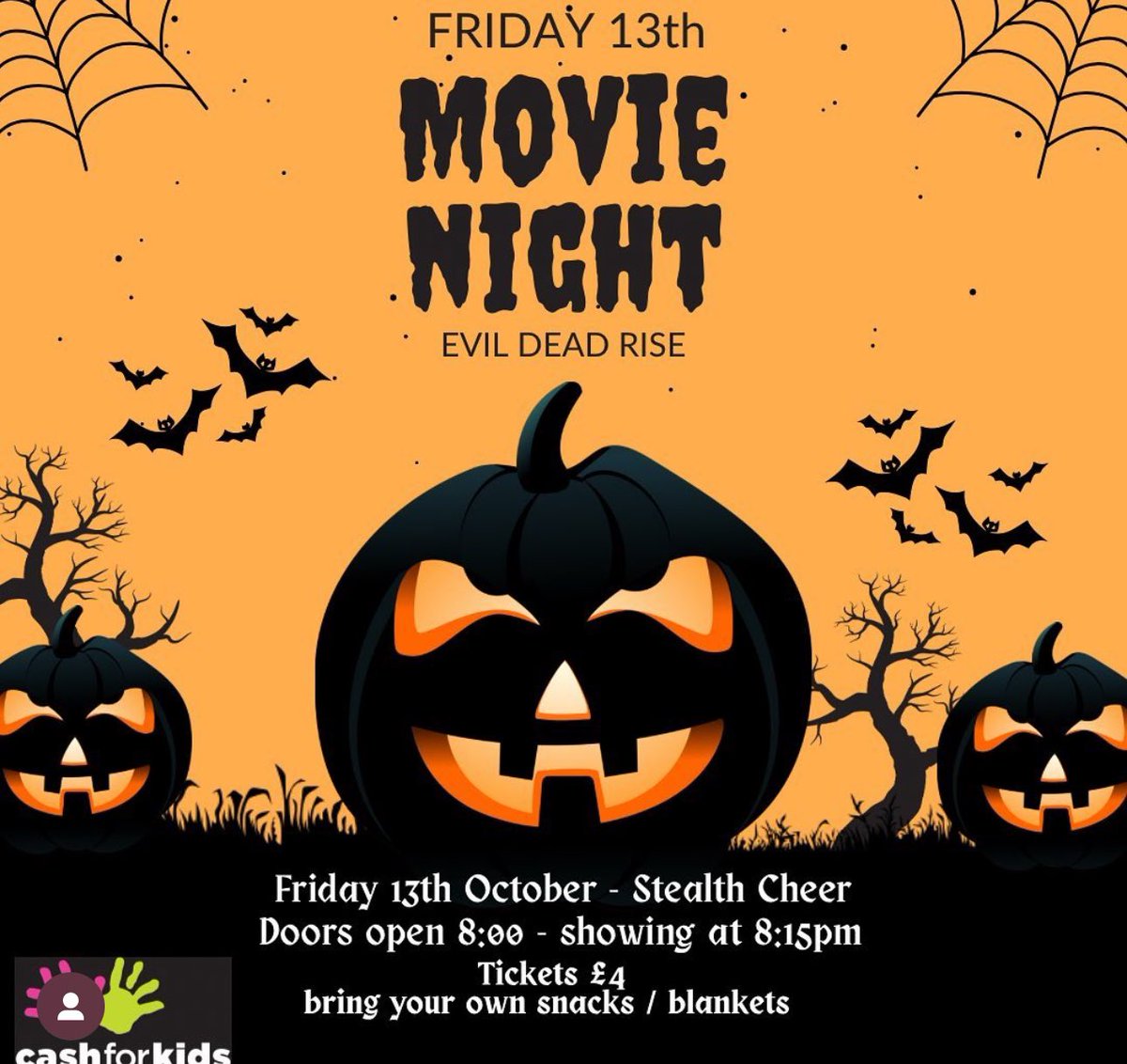 Our spooky Friday the 13th movie night is a go! 🫶🏻 We like to call this… Fright Fundraising🎃 @cashforkidsMCR Do you like scary movies? 👻 #stealthcheer