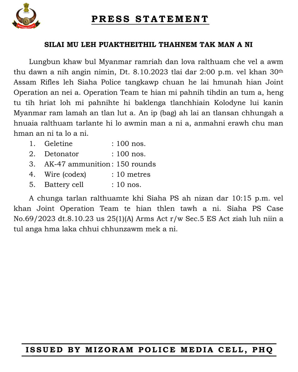 Huge Seizure Of Ammunitions and Explosives by joint team of Siaha Police and 30th Assam Rifles. Full PR (English & Mizo) at police.mizoram.gov.in/wp-content/upl…