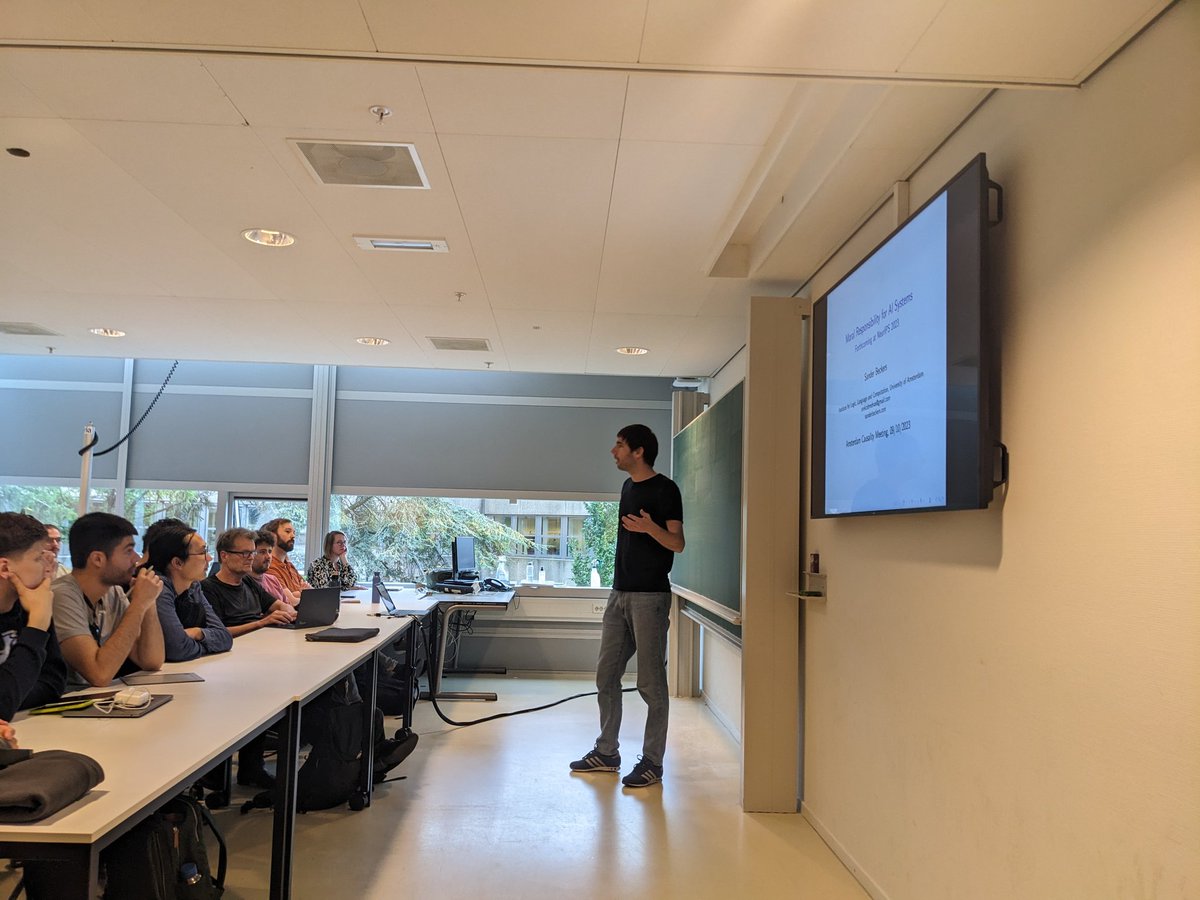 Second talk at the Amsterdam #Causality Meeting (amscausality.github.io) by Sander Beckers (UvA <a href="/illc_amsterdam/">ILLC</a>) on "Moral responsibility for AI systems"  through #causal reasoning, to an overly full room of 50+ causality researchers in Amsterdam <a href="/Ellis_Amsterdam/">ELLIS Amsterdam</a> BigStatistics
