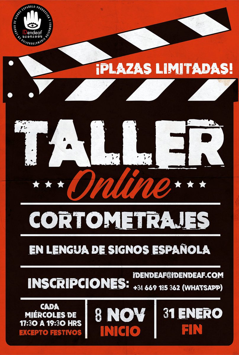 ¡Nuevo "Taller Online de Cortometrajes en Lengua de Signos Española!" 😍😍 🤟📽️ Aprende desde casa y crea tu propio cortometraje en Lengua de Signos. Plazas limitadas, ¡Inscríbete antes del 31 de octubre! 📆🏃‍♂️ Más info en idendeaf@idendeaf.com o WhatsApp +34 669 185 362. 🎬📢